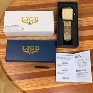 Lige Mens Gold Tone Square Stainless Steel Watch Classic Traditional Open Box